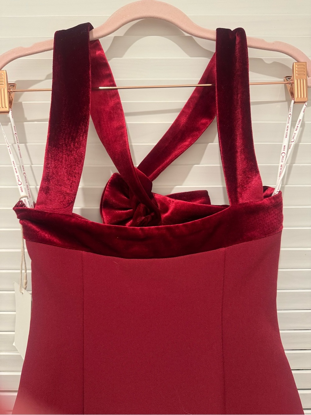 Burgundy Velvet-Trim Formal Dress with Bow Detail - Picture 4 of 7